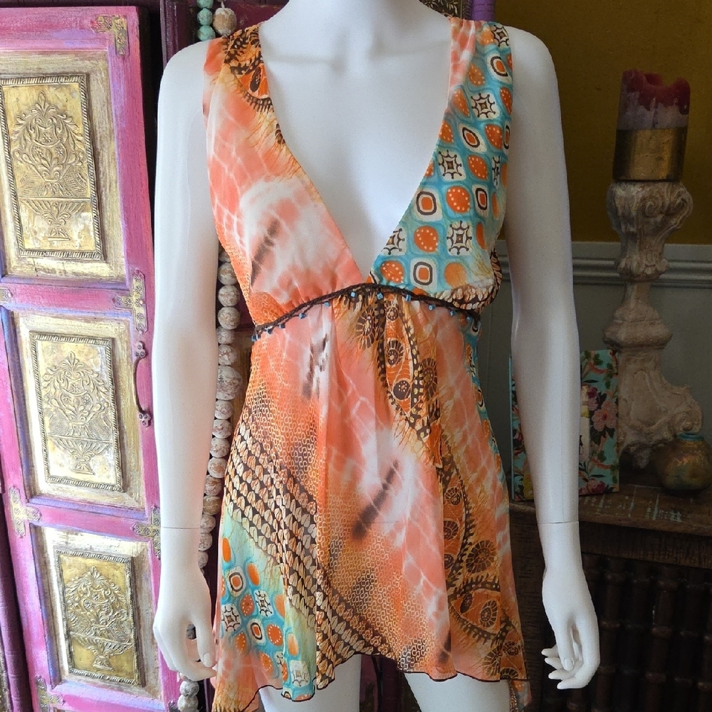 Vibrant Orange And Blue Patterned Sleeveless Top - image 1